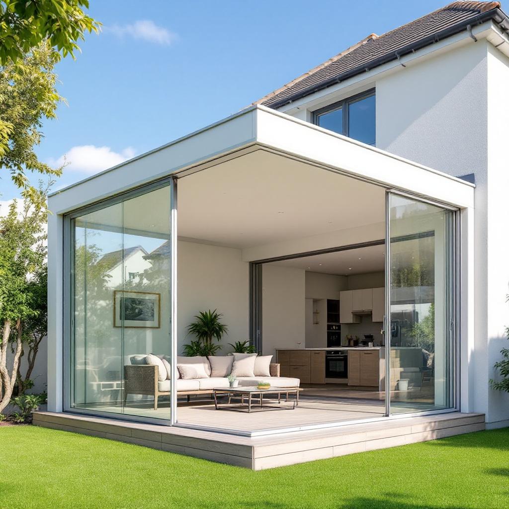 Véranda aluminium moderne avec grandes baies vitrées et vue sur jardin